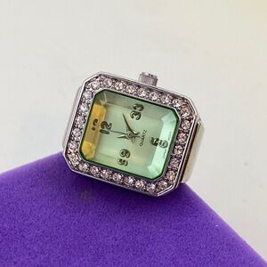 💛 Rare Avon 1970s Watch Ring | Green & Crystal Silver Tone Timepiece